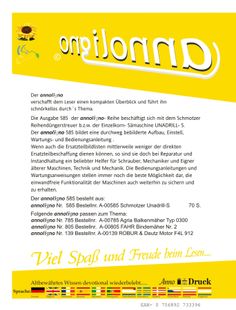 Schmotzer Einzelkorn Sämaschine Typ UNADRILL-S- Bild- Bedienungsanleitung & Wartungsanleitung & Bild- Einstellanleitung - annoligno 585
